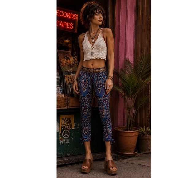 Free People Pants - Free People Paisley Tie Hem Cropped Pants 8 Boho Y2K Indie Sleaze Maximalist